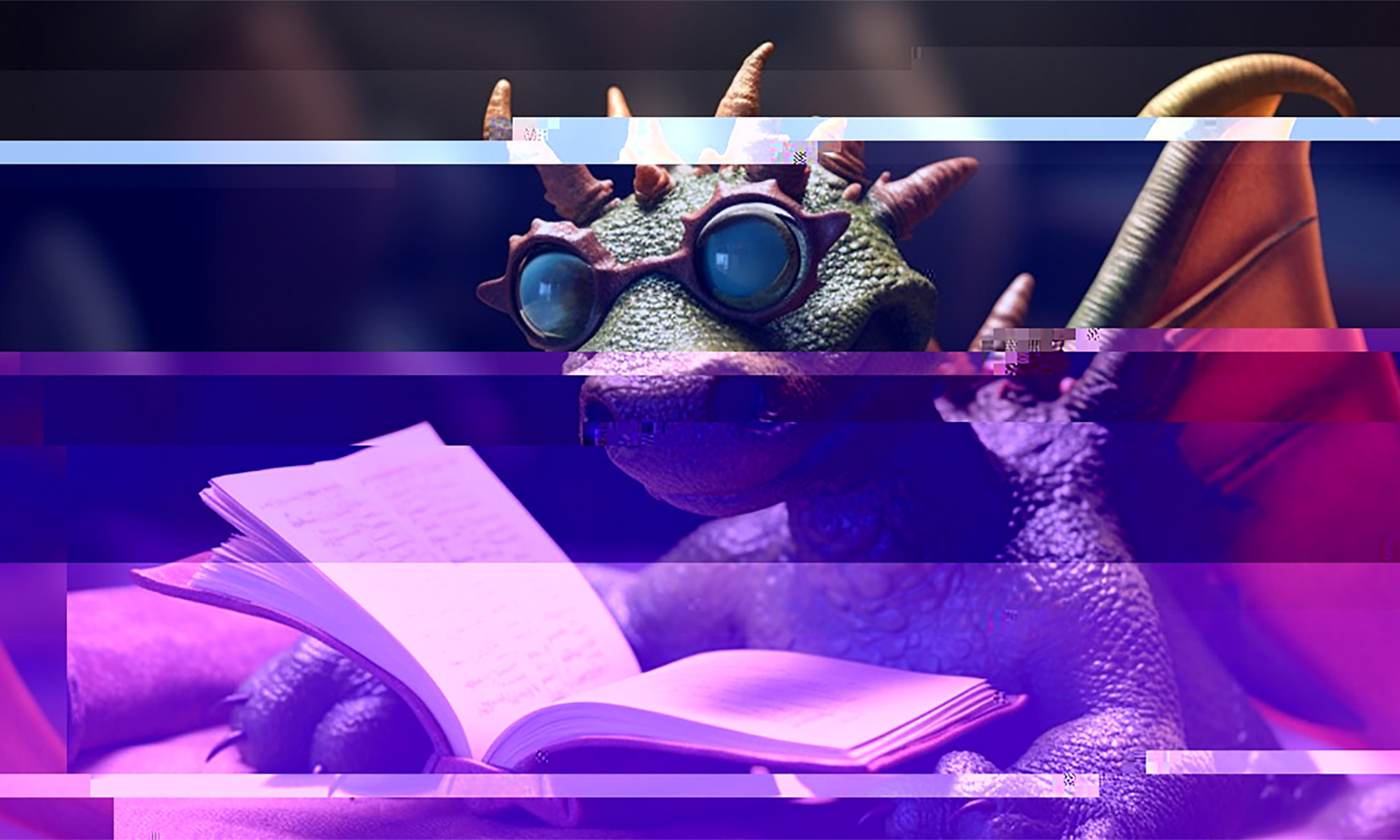 A dragon wearing glasses trying to read
